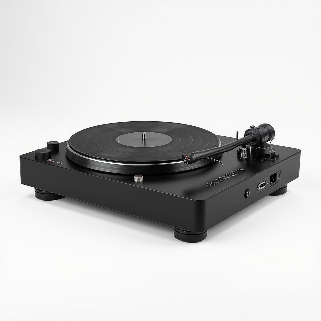 Plastic and Metal USB Turntable – 14 x 11.8 x 4.3 in, Matte Black, Retro Modern