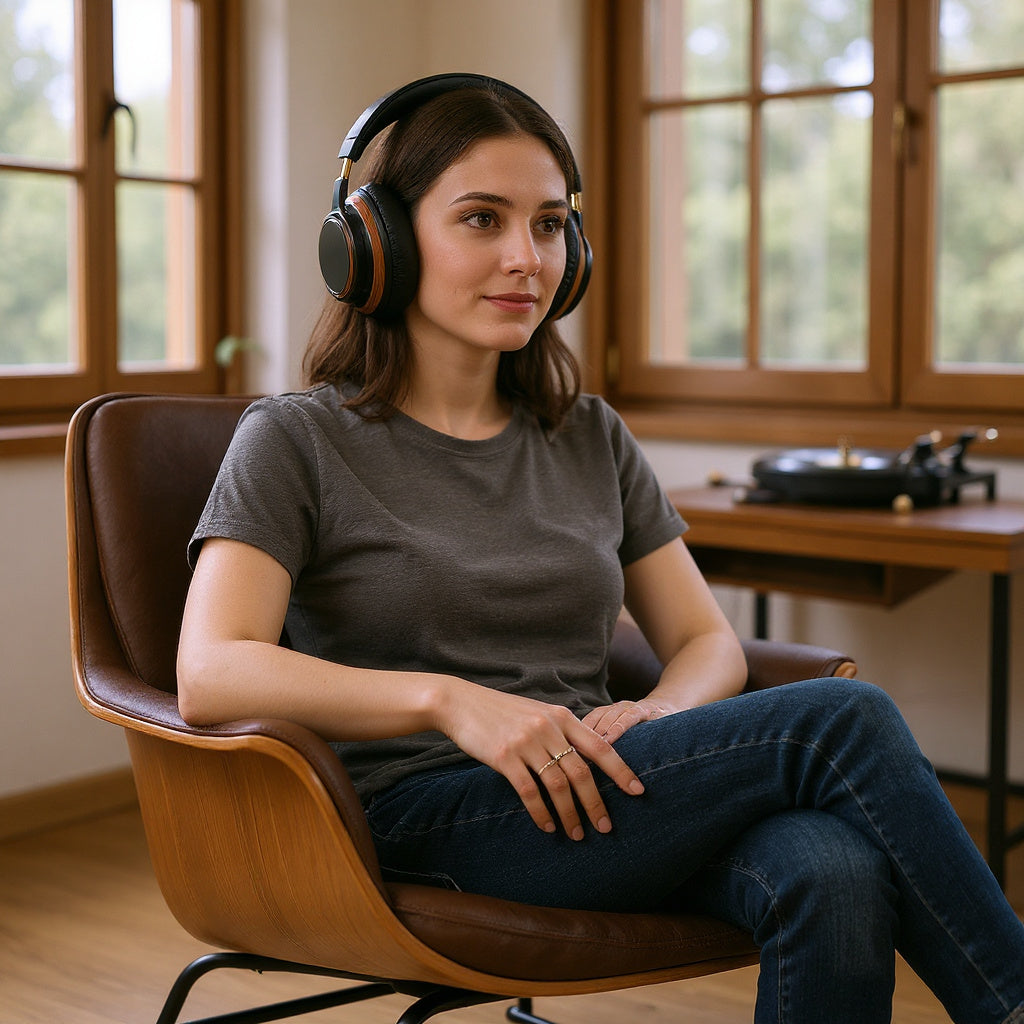 Over-Ear Headphones – 40mm Drivers, Wood and Leather Design, Black