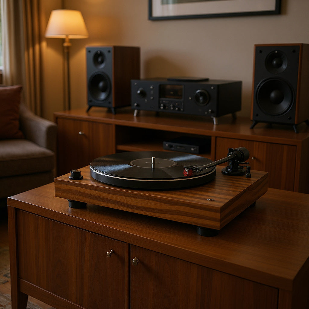 Metal Turntable – 16.5 x 14 x 5 in, Walnut Finish, Minimalist