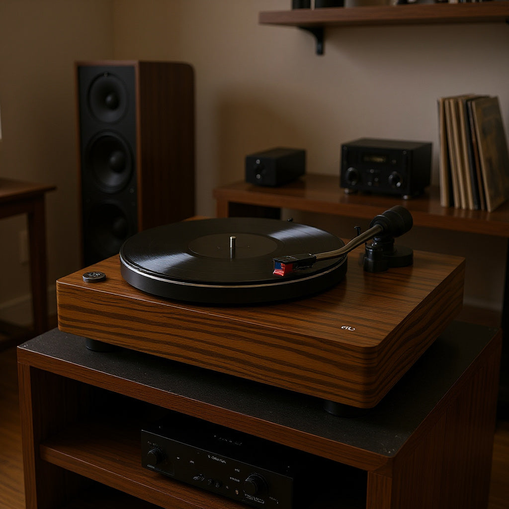 Metal Turntable – 16.5 x 14.2 x 4.7 in, Wood Finish, Minimalist Design