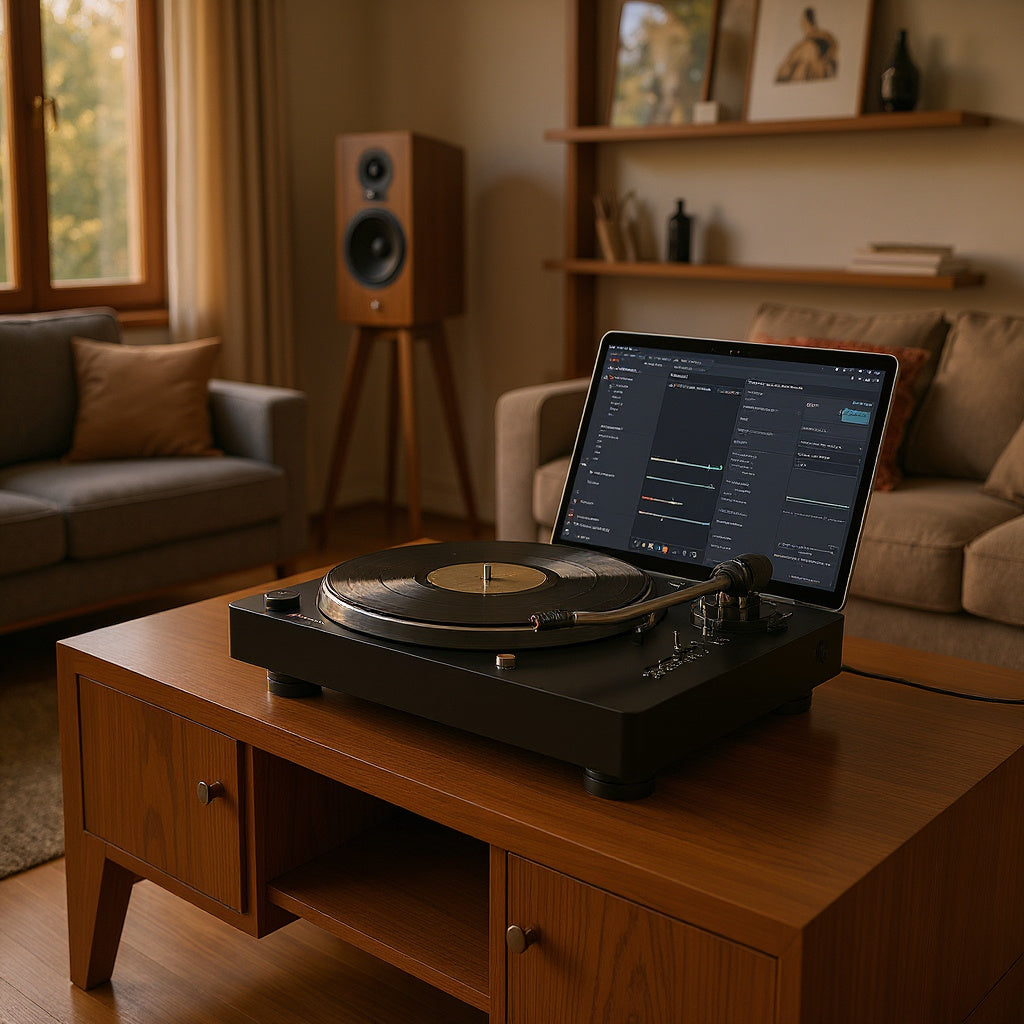 Plastic and Metal USB Turntable – 14 x 11.8 x 4.3 in, Matte Black, Retro Modern