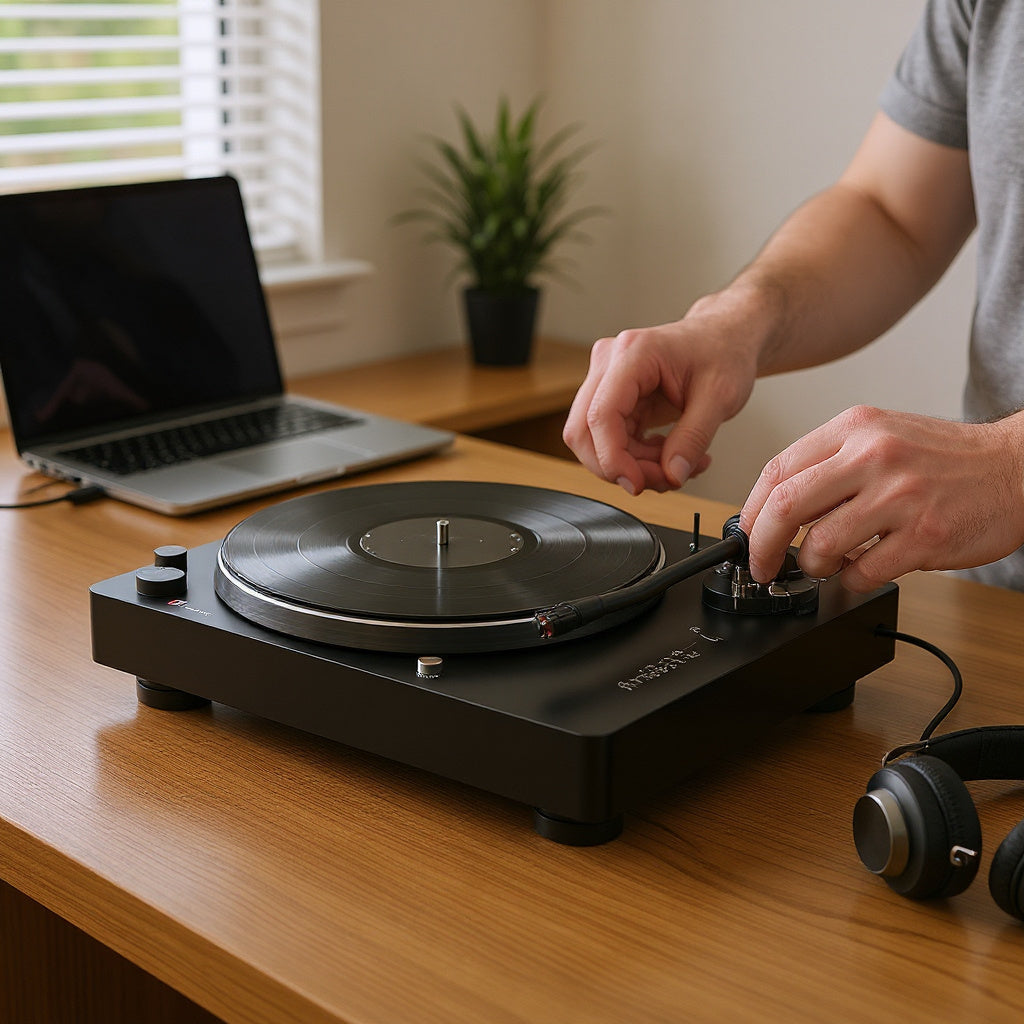 Plastic and Metal USB Turntable – 14 x 11.8 x 4.3 in, Matte Black, Retro Modern