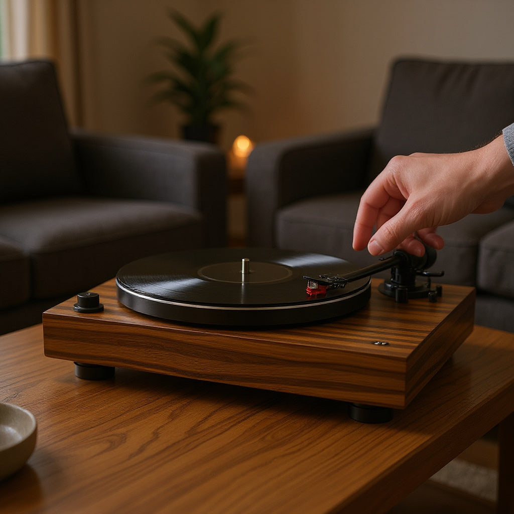 Metal Turntable – 16.5 x 14 x 5 in, Walnut Finish, Minimalist