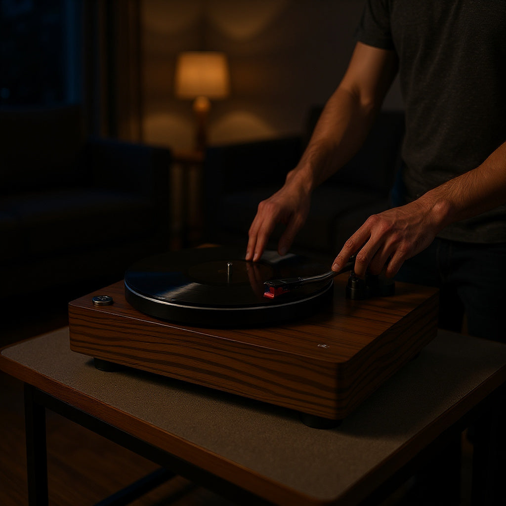 Metal Turntable – 16.5 x 14.2 x 4.7 in, Wood Finish, Minimalist Design